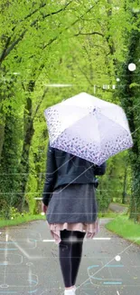 Person with umbrella walking on a lush green forest path.