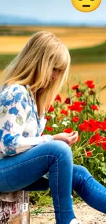 Woman in nature with flowers and serene emoji.