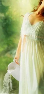 Woman in flowing dress by a waterfall in nature.