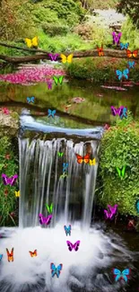 Lush waterfall with flowers and butterfly, vibrant nature scene.