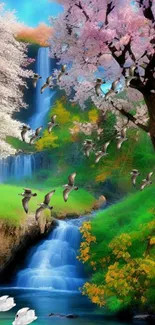 Serene wallpaper with waterfall, cherry blossoms, and swans.