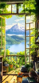 A tranquil wallpaper with a window view of nature, books, and mountains.