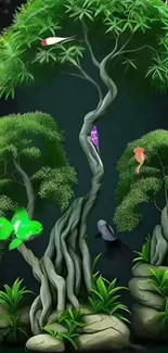 Colorful fish swim around a twisted, artistic tree with lush green foliage.