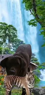 Dog and tiger against a waterfall backdrop.