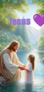 Jesus with child in tranquil nature scene with purple heart.