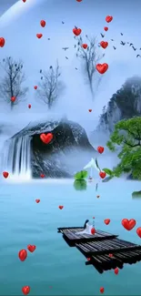 Nature scene with hearts, waterfall, and mist.