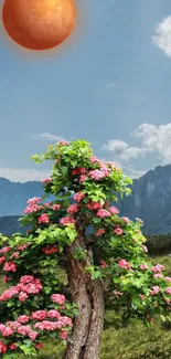 A blooming tree under a red planet against a mountain backdrop.