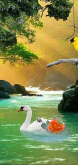 Swan and bird in tranquil nature setting.