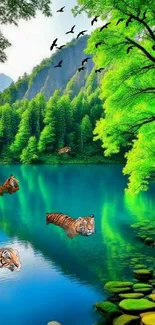 Tigers swimming in a lush, scenic lake surrounded by greenery.