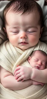 Newborn and infant sleeping in cradle wrapped in cream blankets.