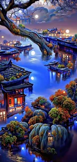 Serene Asian night landscape with reflections on water.