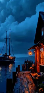 A serene night view of a dock with a glowing cabin and boat silhouetted against dark clouds.