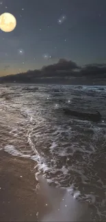 Nighttime beach under a full moon with crashing waves and a starry sky.