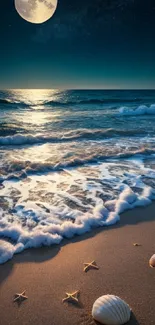 Moonlit beach with waves and seashells at night.