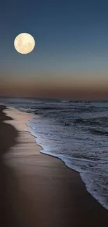 Moonlit night beach with calming waves and serene sky.