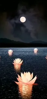 Lotus flowers glowing on a moonlit water.