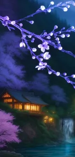 Serene cabin with glowing blossoms under a night sky.