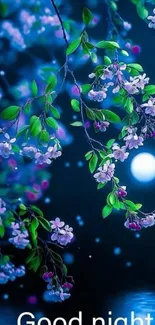 Cherry blossoms with a full moon at night.