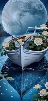 Moonlit boat with flowers and butterflies under a serene night sky.