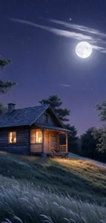 Cozy cabin illuminated by moonlight in a serene night landscape.