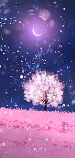 Cherry blossom tree under a crescent moonlit sky in a pink field.