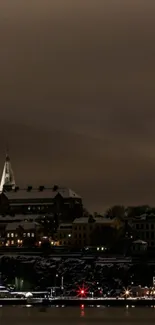 Night cityscape with glowing lights and dark sky.