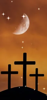 Starry night with crosses under crescent moon.