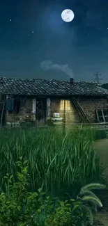 Moonlit rural farmhouse with lush fields under a starry night sky.