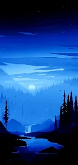 Serene blue night forest wallpaper with trees and moonlit sky.