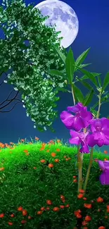 A serene night garden with moonlit flowers and lush green landscape.