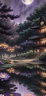 Serene night garden with moonlight and lanterns reflecting in water.