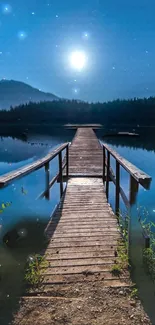 Serene dock under a starry night sky, reflecting on a calm lake.