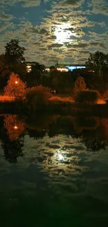 Moonlit night reflecting on a serene lake with surrounding trees.