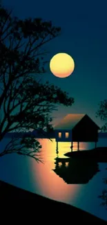 Serene night scene with moonlit lake and silhouetted trees.