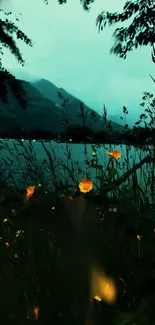 Lakeside night view with glowing fireflies and mountains.