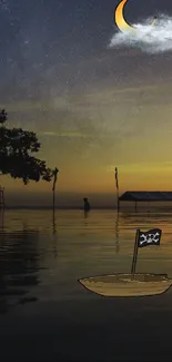 Serene night lake with crescent moon and pirate boat.