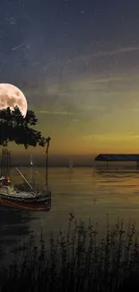 Serene night view with a full moon, lake, and boat silhouette.