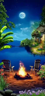 Night lakeside wallpaper with campfire and moonlit sky.