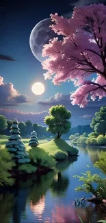 Serene night landscape with moonlit sky and cherry blossoms reflecting in a river.