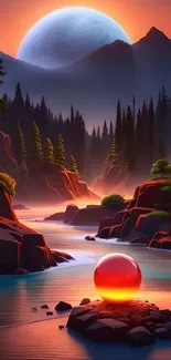 Vibrant landscape with mountains, river, orb, and moonlit backdrop.