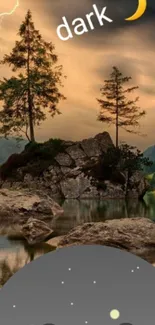 Serene night landscape with trees and rocky island under a dark sky.