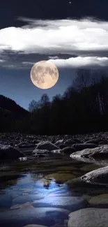 Moonlit river and starry night landscape wallpaper.