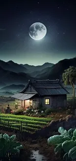 A peaceful moonlit night with a farmhouse and lush greenery.