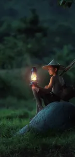 Boy with lantern at night on a green landscape, creating a serene atmosphere.