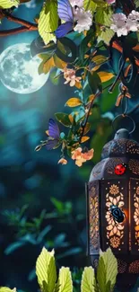 Moonlit garden with glowing lantern and flowers on a tranquil evening.