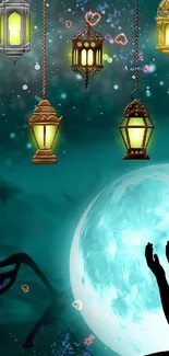 Artistic night scene with lanterns and a large glowing moon in the background.