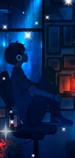 Illustrated person with headphones in a serene, starry room setting.