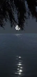 Night scene of a moonlit lake with tree silhouette.