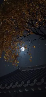 Night scene with moon, tree, and traditional roof.