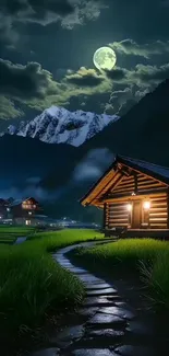 Cozy cabin under moonlit night sky in mountain landscape.